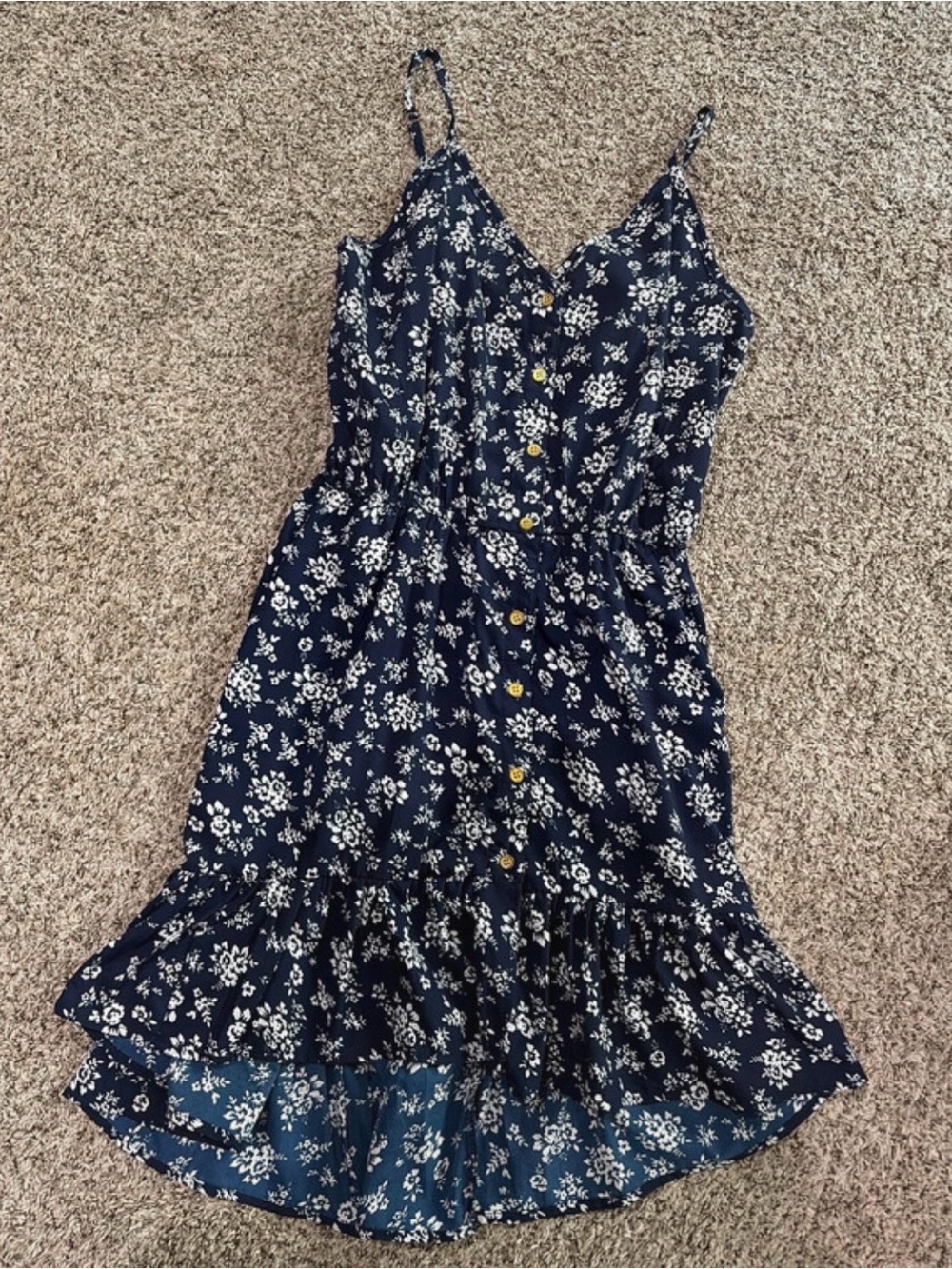 Navy Floral Button-Down Midi Dress with Spaghetti Straps